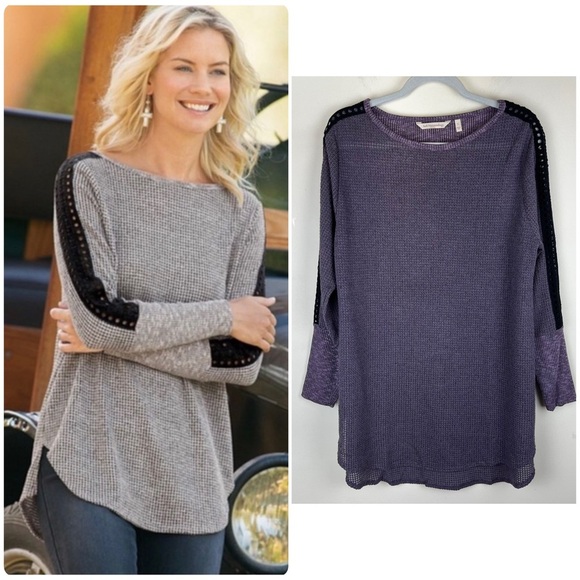 Soft Surroundings | Waffle Knit Bailey Sweater Top Purple & Black | L - Picture 1 of 9